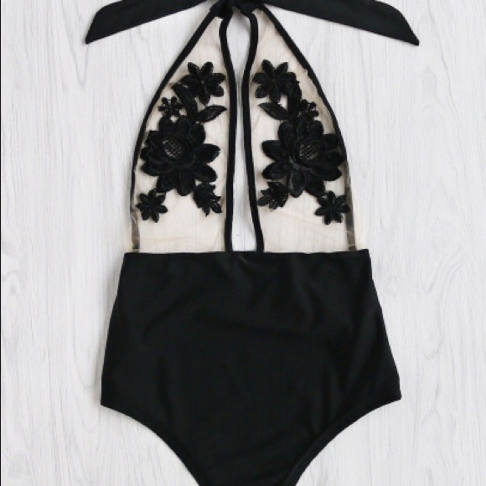 Flower Embroidered Mesh One Piece Swimsuit